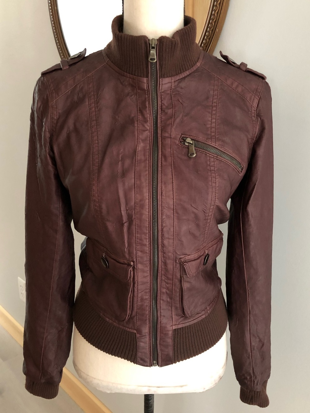 Xhilaration Burgundy Faux Leather Moto Jacket Size Small